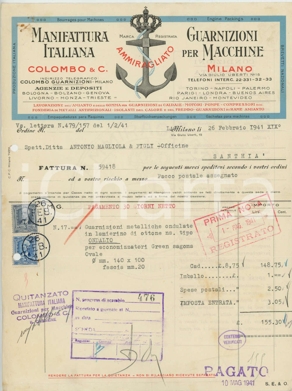 1941 MILANO Via Giulio Uberti - COLOMBO & C. Guarnizioni per macchine - Fattura