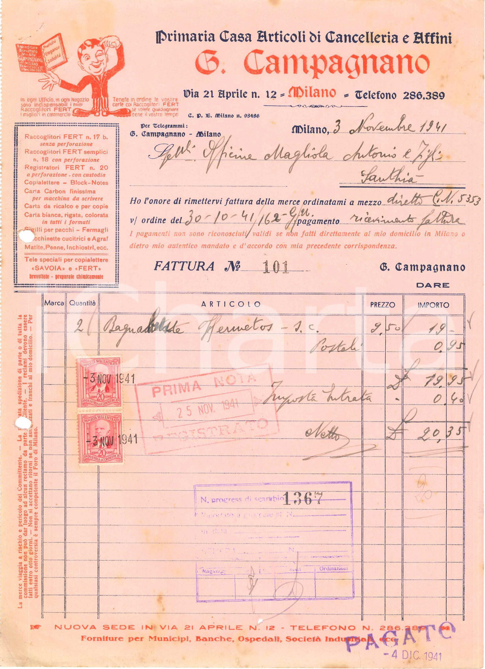 1941 MILANO Via 21 Aprile 12 - G. CAMPAGNANO Cancelleria e Affini - Fattura