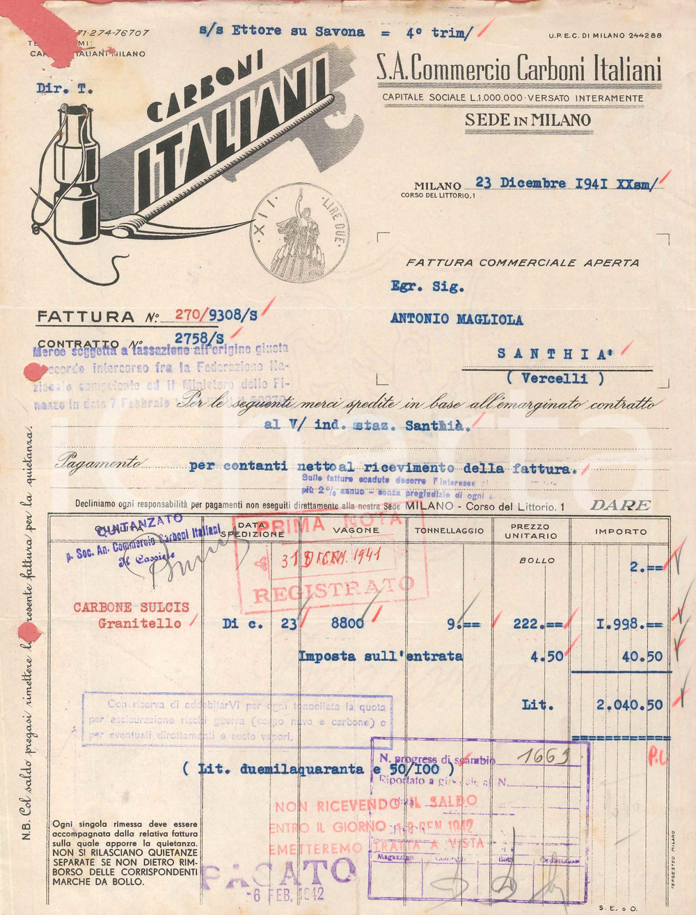 1941 MILANO Corso del Littorio 1 - S.A. Commercio Carboni Italiani - Fattura