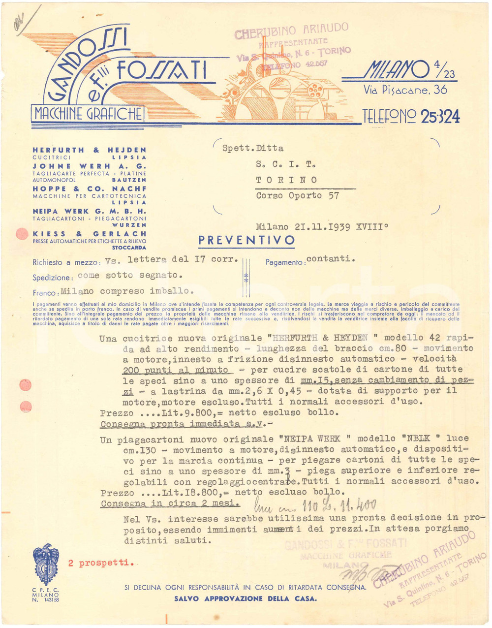 1939 MILANO Via Pisacane GANDOSSI & F.lli FOSSATI Macchine grafiche - Preventivo