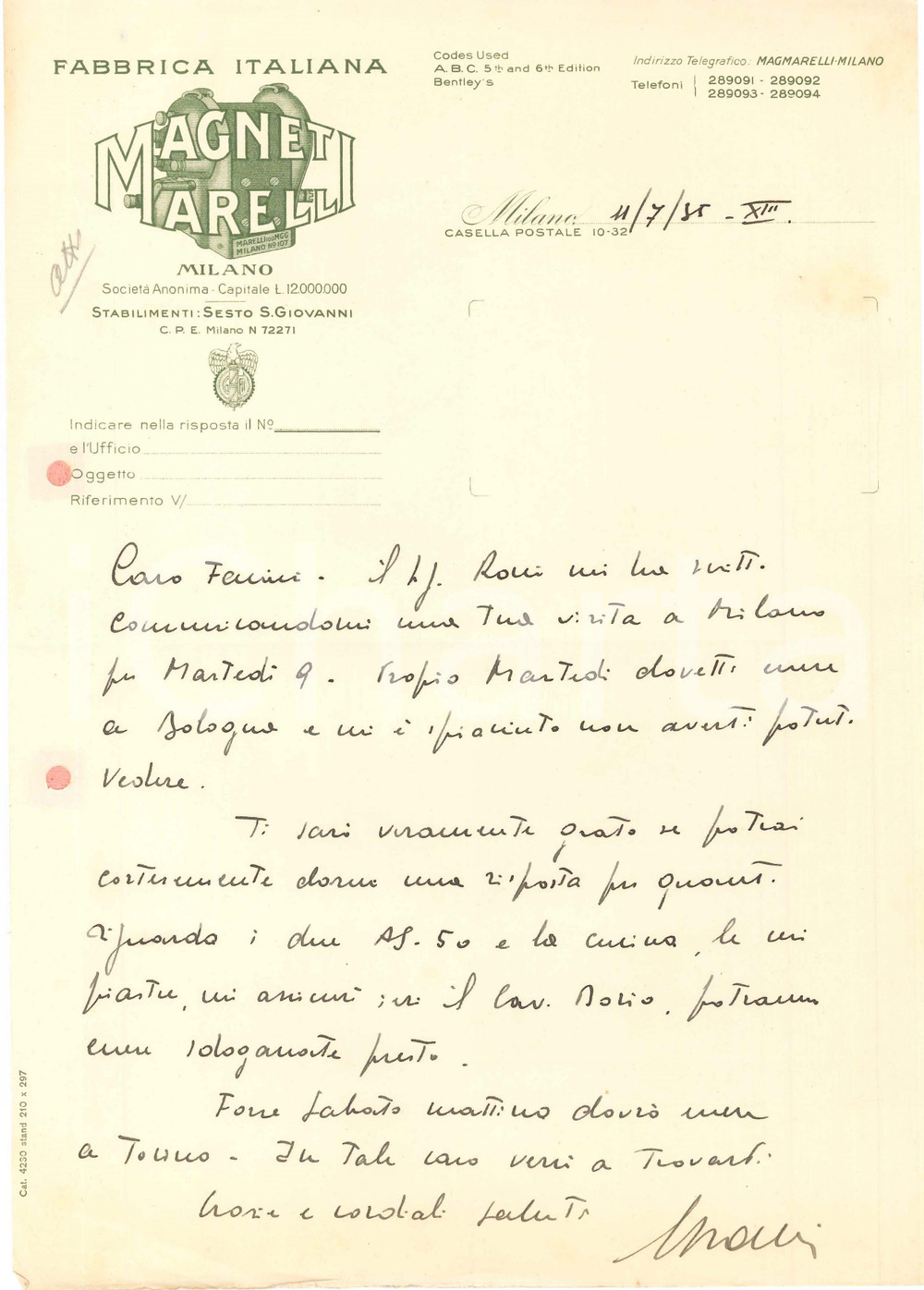 1935 MILANO Fabbrica Italiana MAGNETI MARELLI - Lettera commerciale sdoganamento