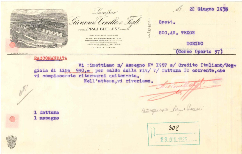 1935 PRAY (BI) - Giovanni TONELLA & Figli Lanificio - Lettera commerciale