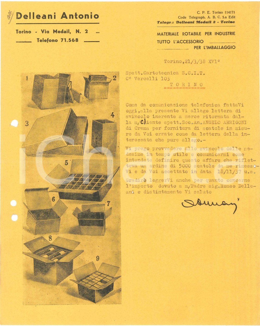 1938 TORINO Via Medail 2 Antonio DELLEANI Accessorio per l'imballaggio - Lettera