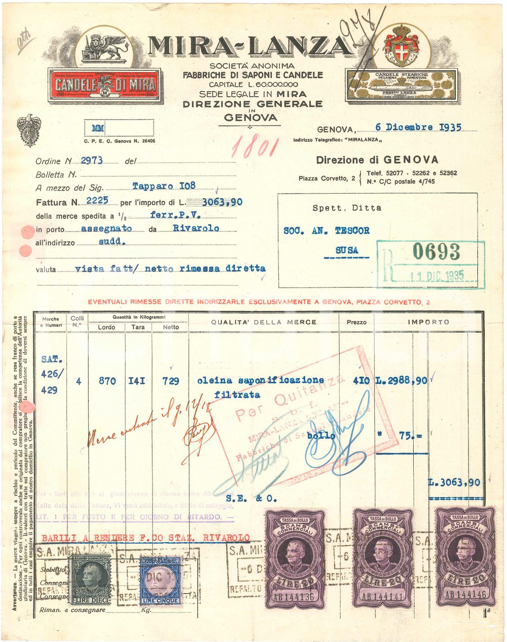 1935 GENOVA Piazza Corvetto 2 - MIRA-LANZA Fabbriche saponi e candele - Fattura