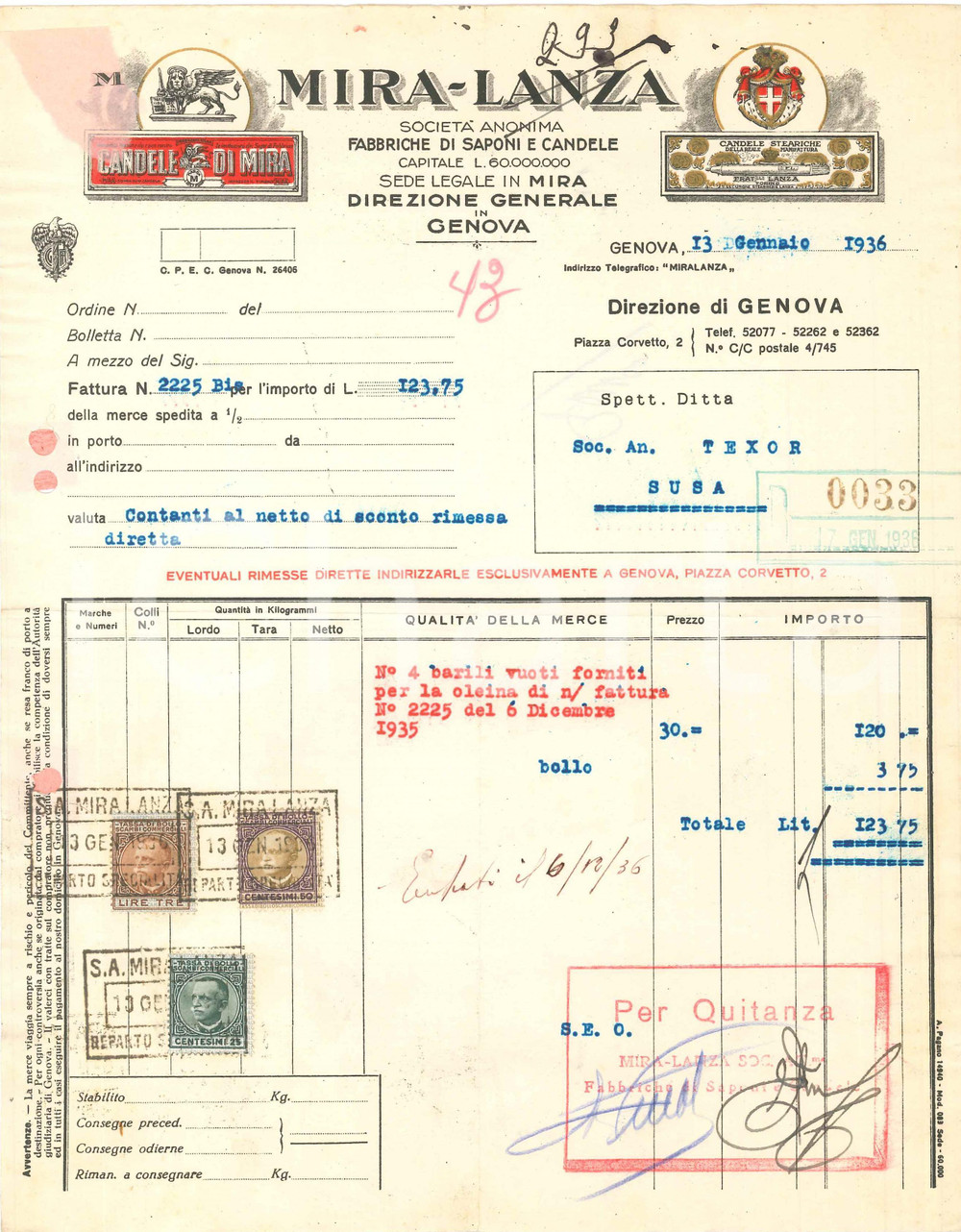 1936 GENOVA P.zza Corvetto S.A. MIRA-LANZA Fabbriche saponi e candele - Fattura