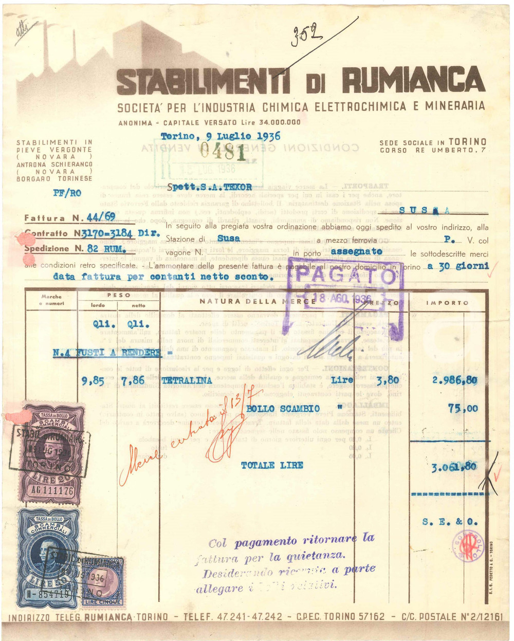 1936 TORINO Corso Re Umberto 7 STABILIMENTI DI RUMIANCA - Fattura per tetralina