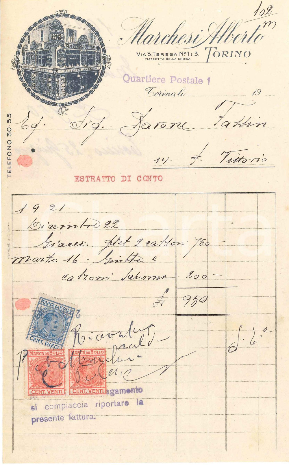 1922 TORINO Via S. Teresa - Alberto MARCHESI Abiti per uomo e ragazzi - Fattura