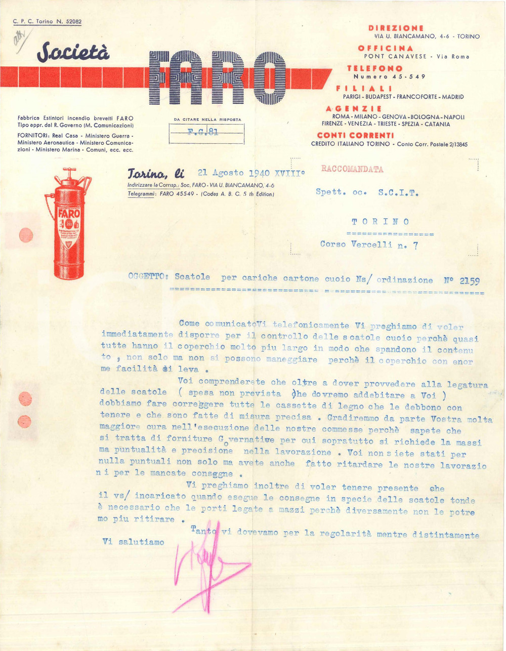 1940 TORINO Via U. Biancamano 4-6 Società FARO Fabbrica estintori - Lettera (1)