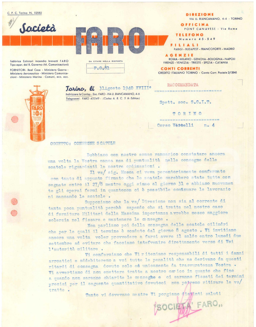 1940 TORINO Via U. Biancamano 4-6 Società FARO Fabbrica estintori - Lettera (2)