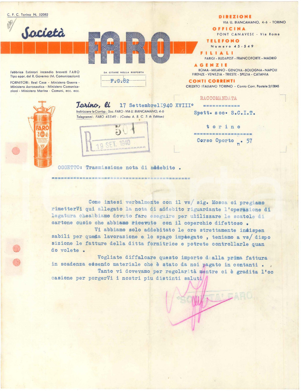 1940 TORINO Via U. Biancamano 4-6 Società FARO Fabbrica estintori - Lettera (3)