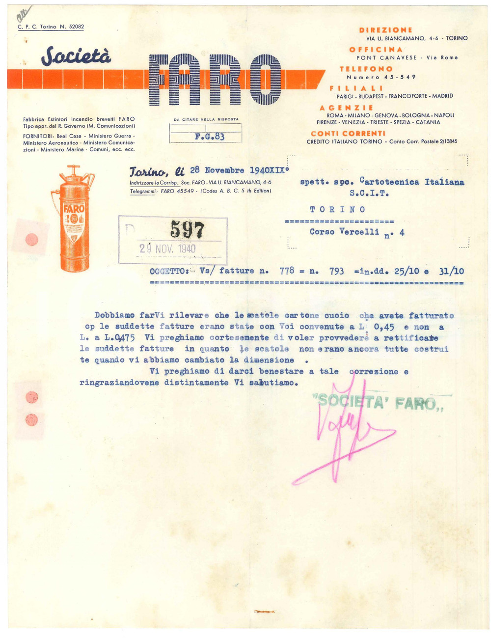 1940 TORINO Via U. Biancamano 4-6 Società FARO Fabbrica estintori - Lettera (4)