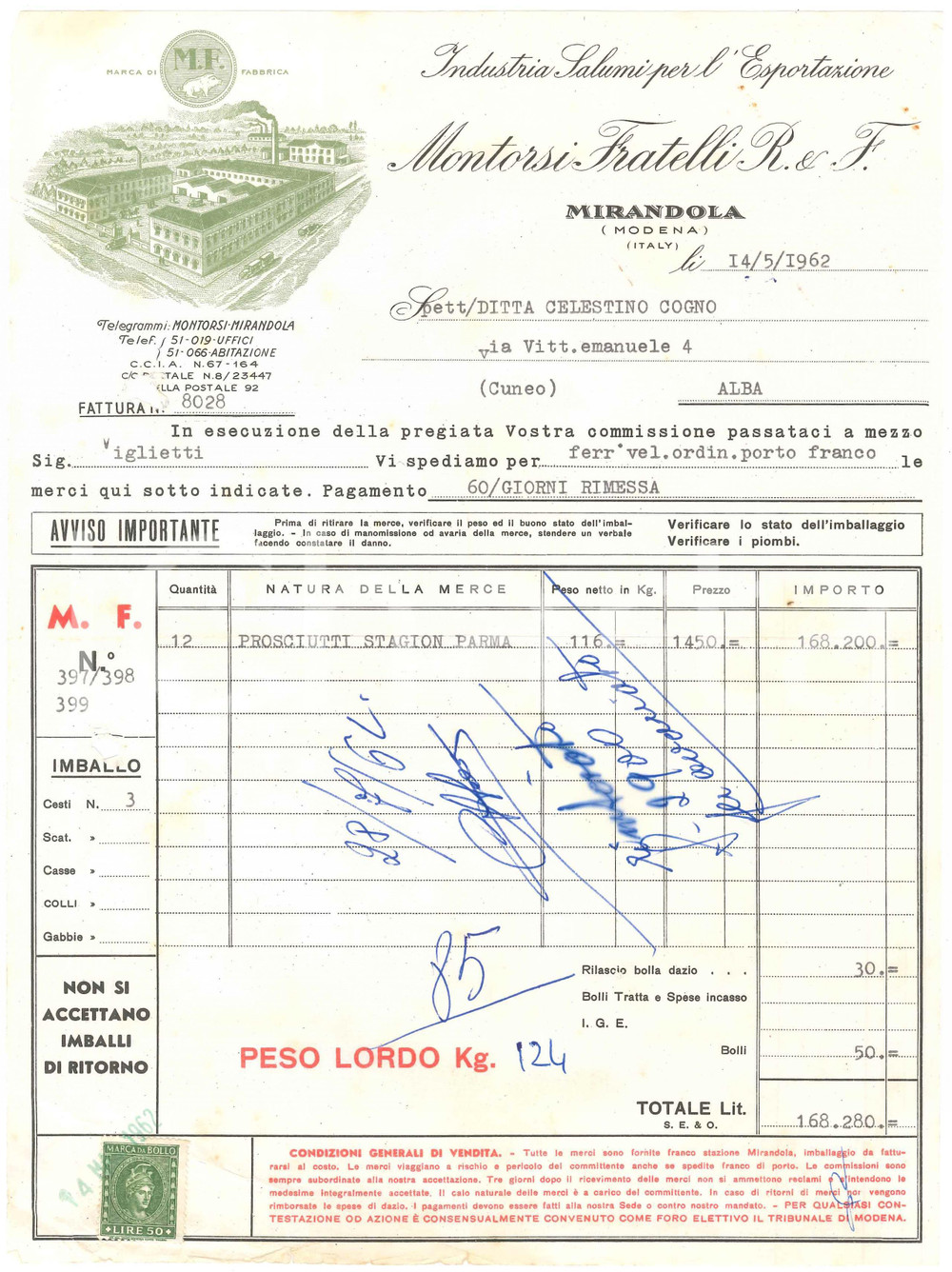 1962 MIRANDOLA Salumi Fratelli MONTORSI Fattura per prosciutto di Parma - 21x28