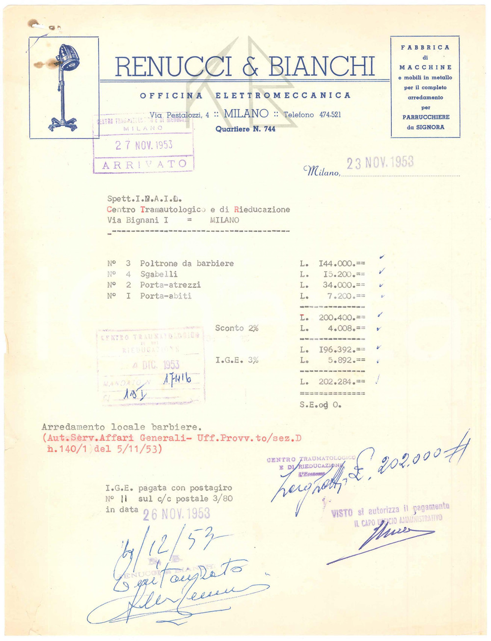 1953 MILANO Via Pestalozzi RENUCCI & BIANCHI Officina elettromeccanica - Fattura