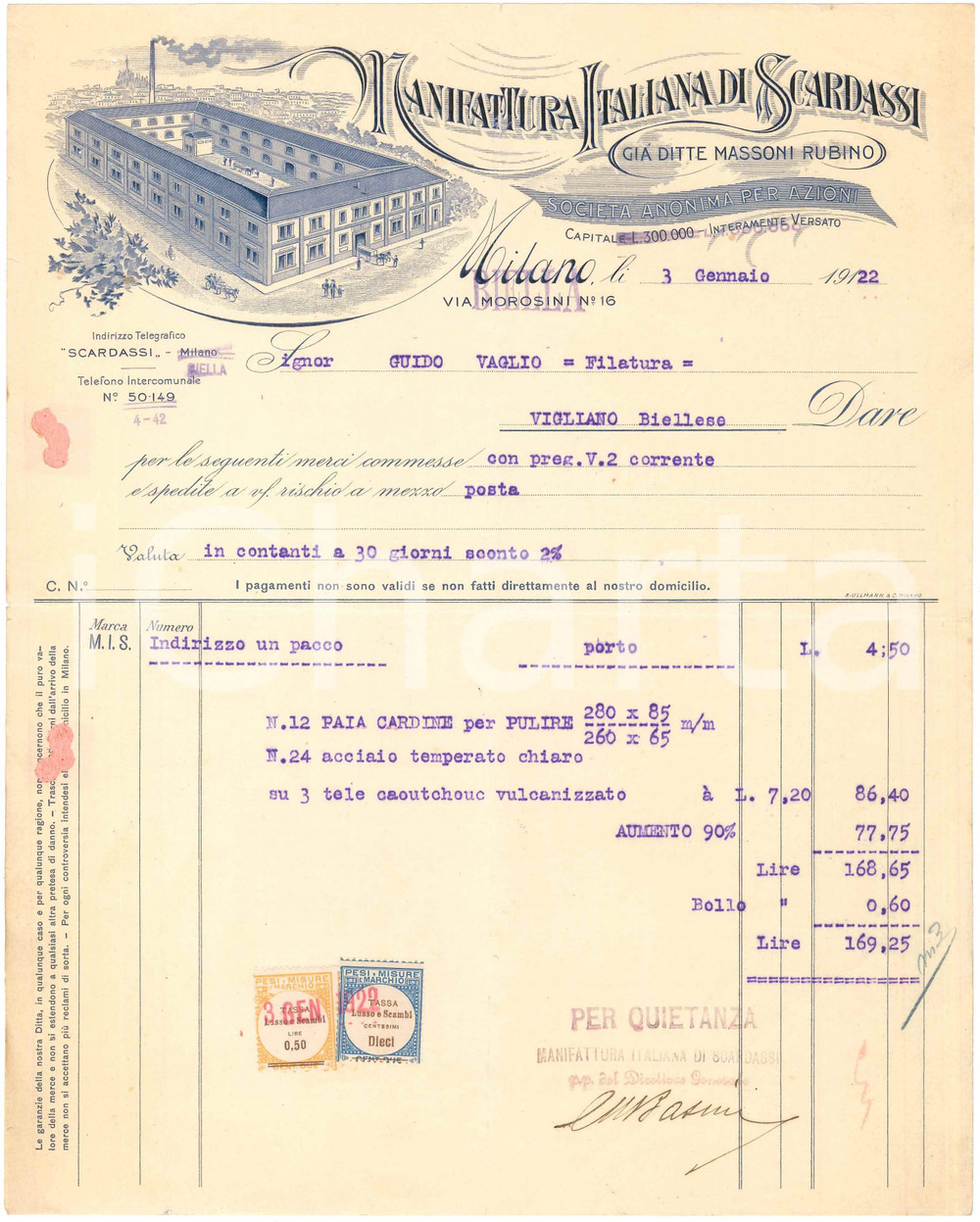 1922 MILANO Via Morosini 16 - Manifattura Italiana SCARDASSI - Fattura