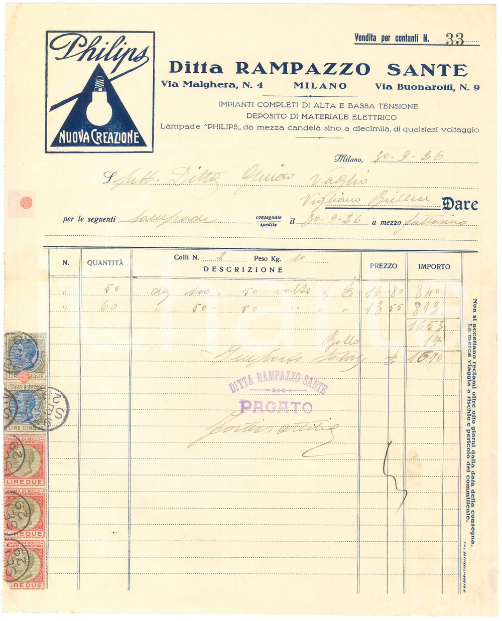 1929 MILANO Via Malghera 4 - Ditta Sante RAMPAZZO Lampade PHILIPS - Fattura