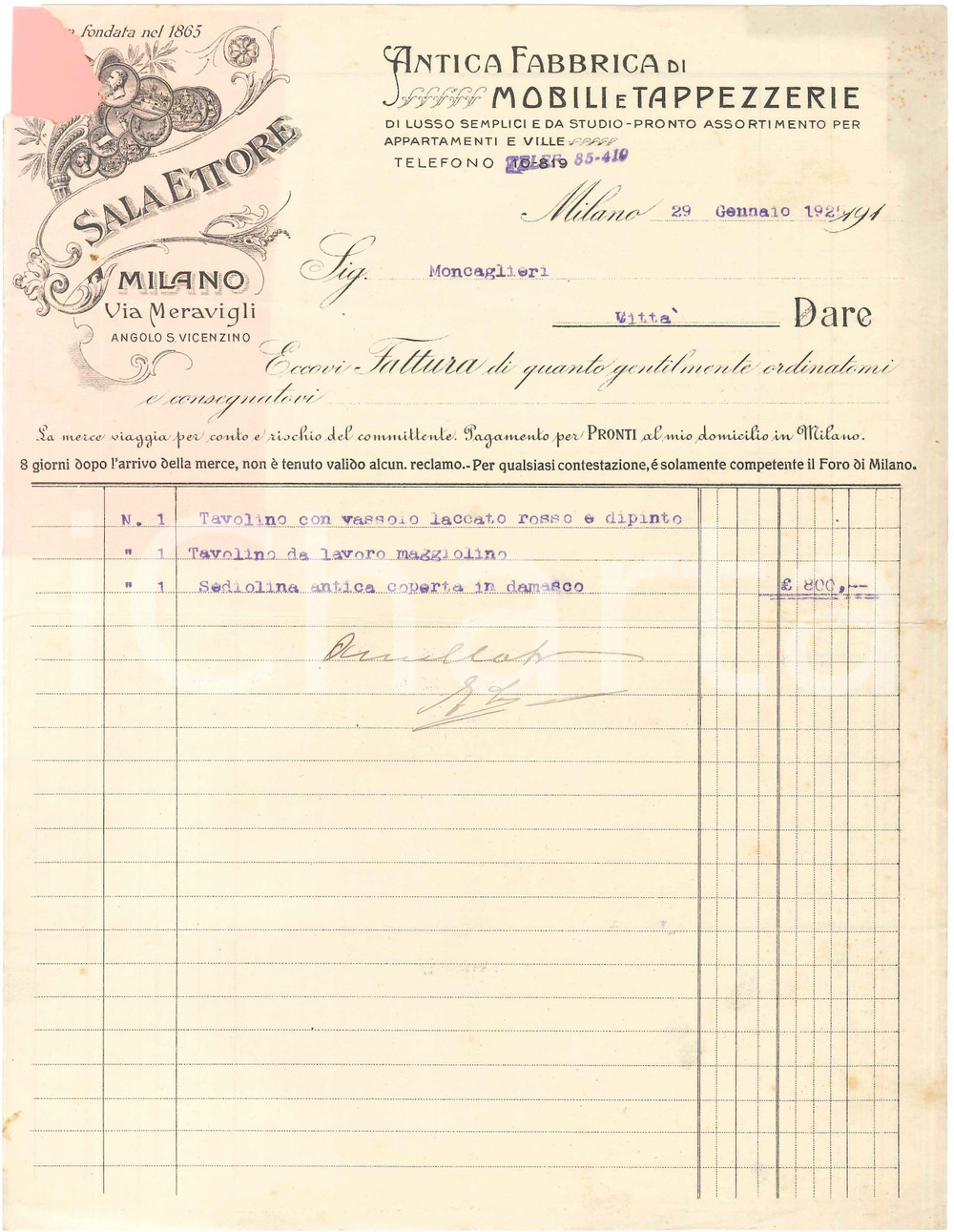 1925 MILANO Via Meravigli - Ettore SALA Fabbrica mobili e tappezzerie - Fattura