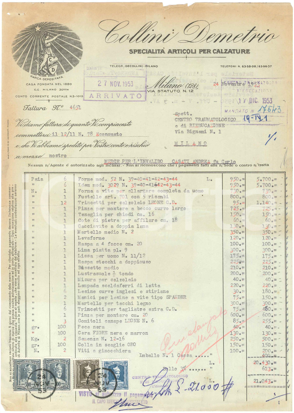 1953 MILANO via Statuto - Ditta Demetrio COLLINI articoli per calzature *Fattura