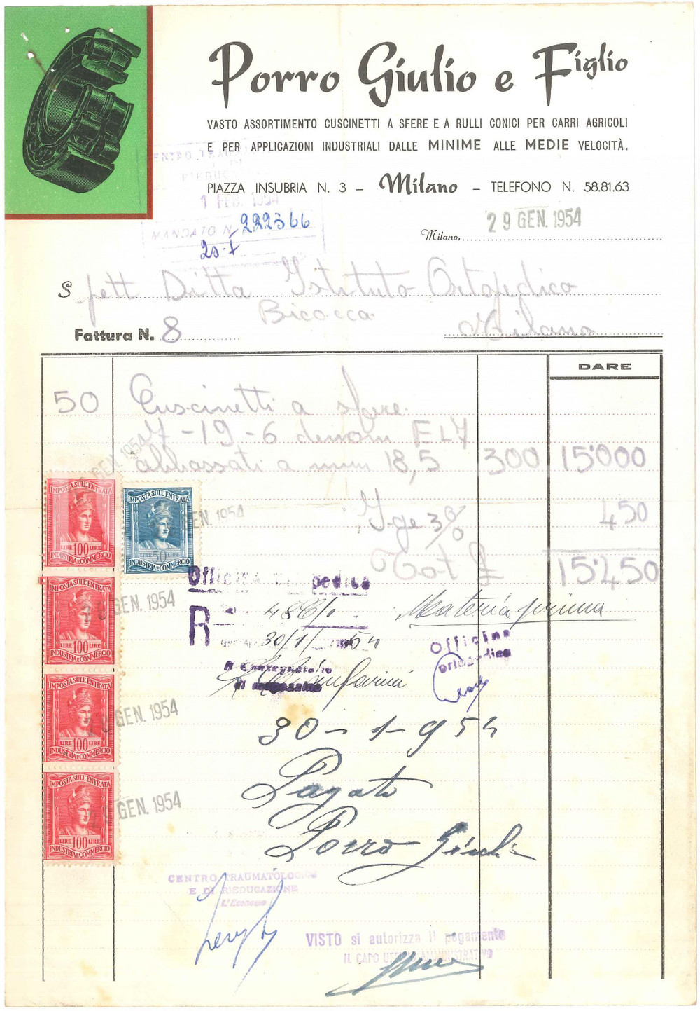 1954 MILANO piazza Insubria 3 - PORRO Giulio - Cuscinetti a sfere *Fattura