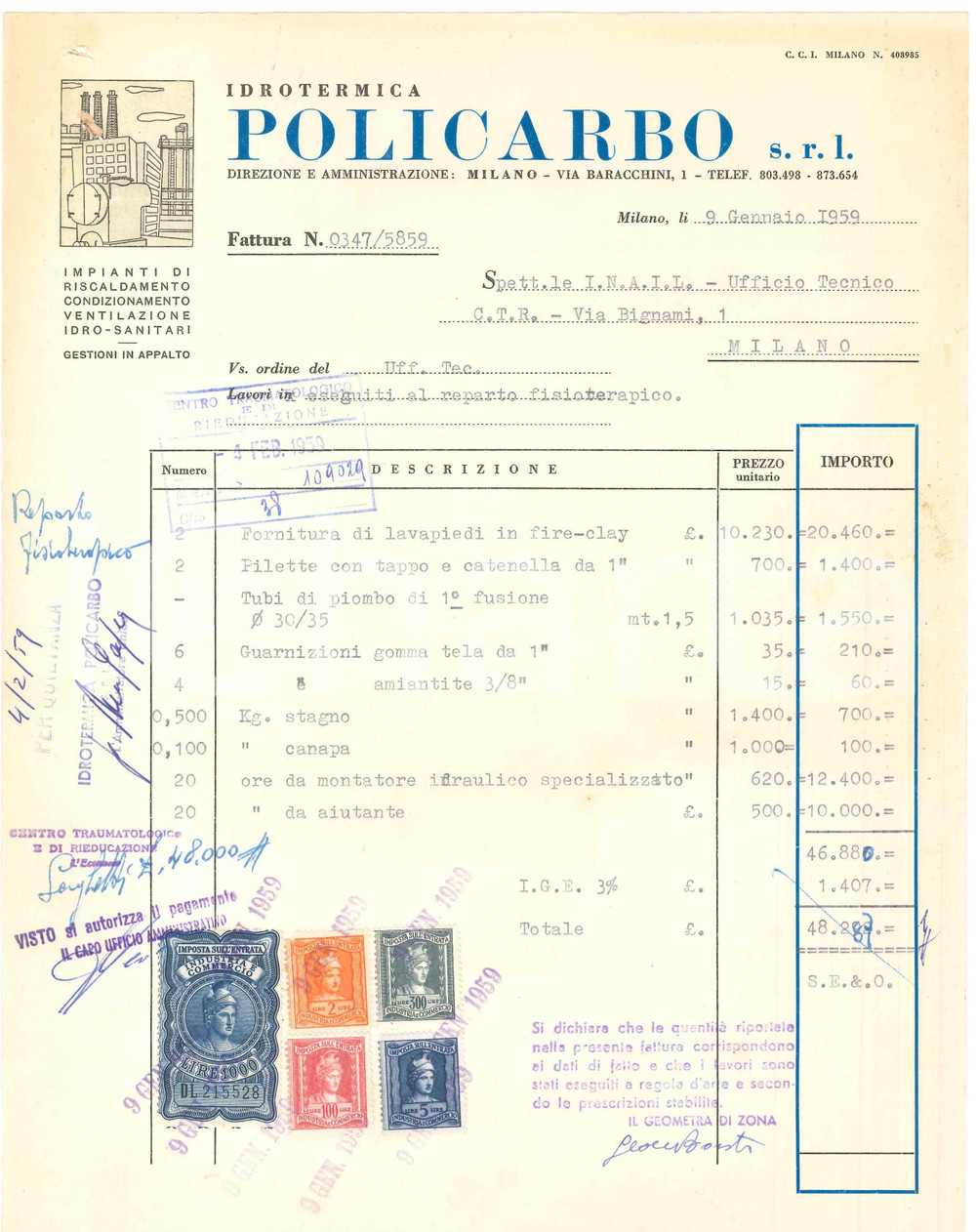 1959 MILANO via Baracchini - Idrotermica POLICARBO impianti *Fattura