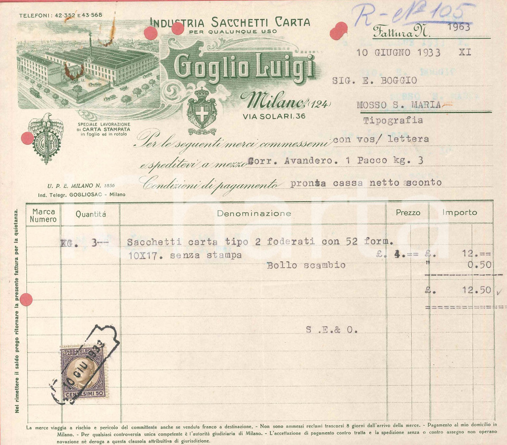 1933 MILANO Via Solari - Luigi GOGLIO Industria sacchetti di carta - Fattura (3)
