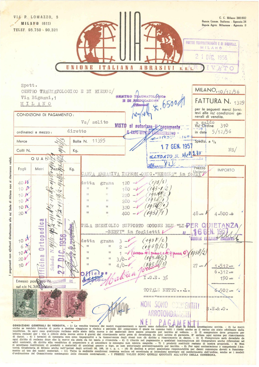1956 MILANO Via P. Lomazzo 5 - UIA Unione Italiana Abrasivi S.r.l. - Fattura