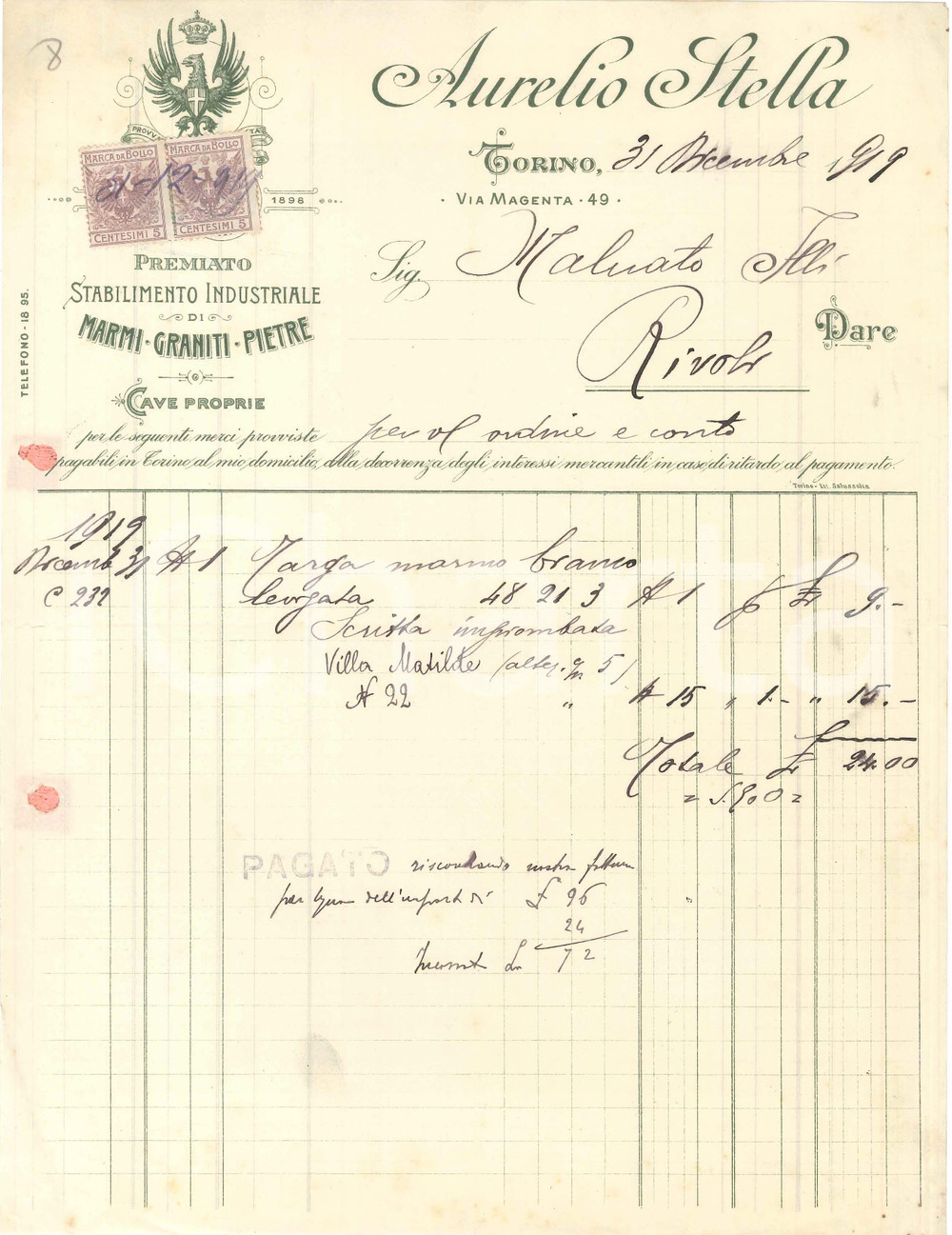 1919 TORINO Via Magenta 49 - Aurelio STELLA Marmi Graniti Pietre - Fattura