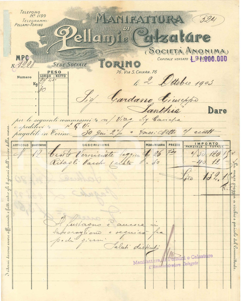 1903 TORINO Via S. Chiara 76 - Manifattura di Pellami e Calzature S.A. - Fattura