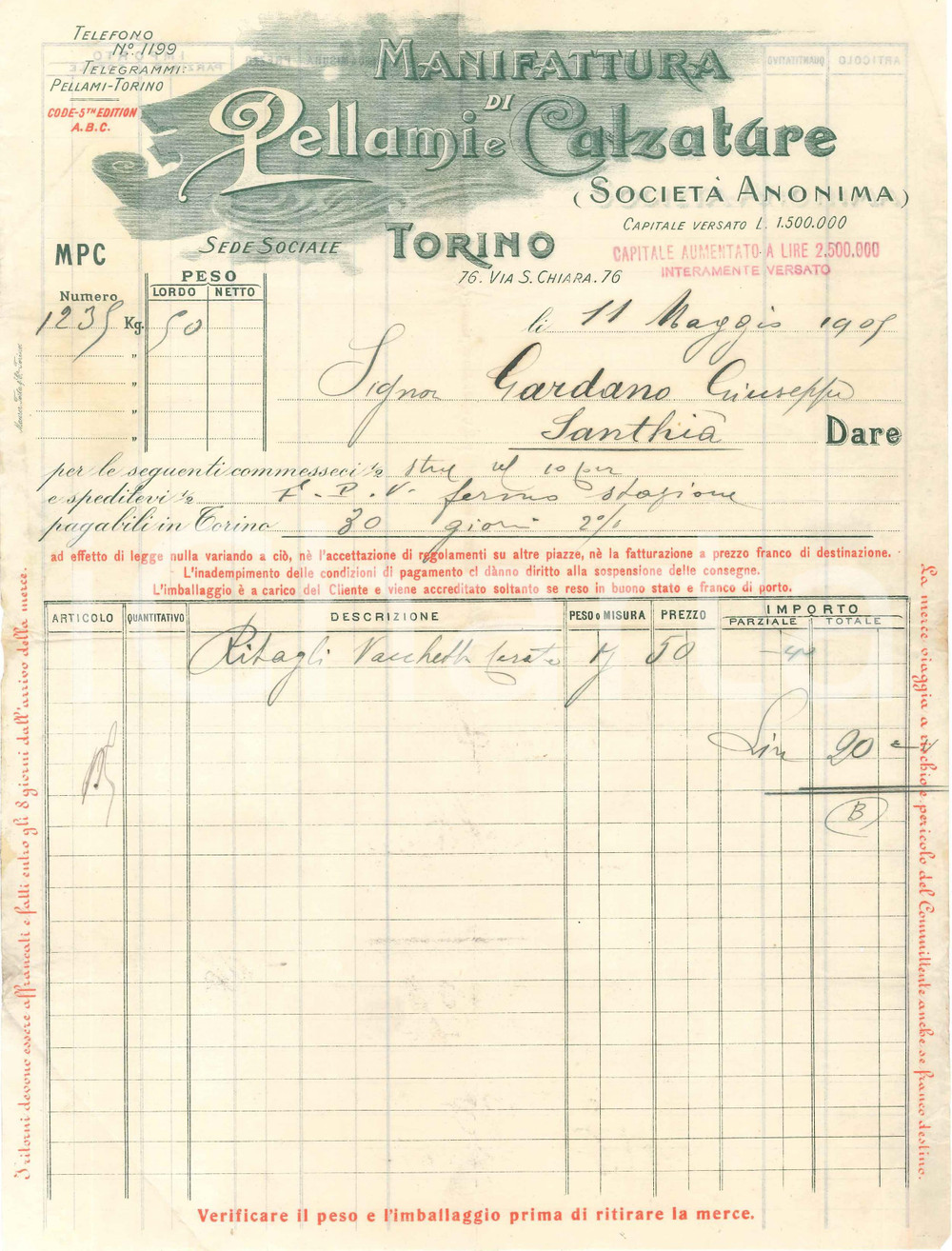 1909 TORINO Via S. Chiara 76 - MPC Manifattura di Pellami e Calzature - Fattura