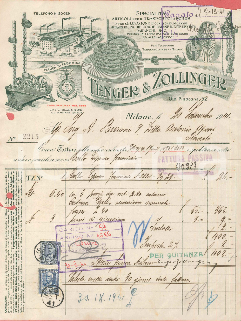 1941 MILANO Via Pisacane TENGER & ZOLLINGER Articoli trasporto di forze *Fattura