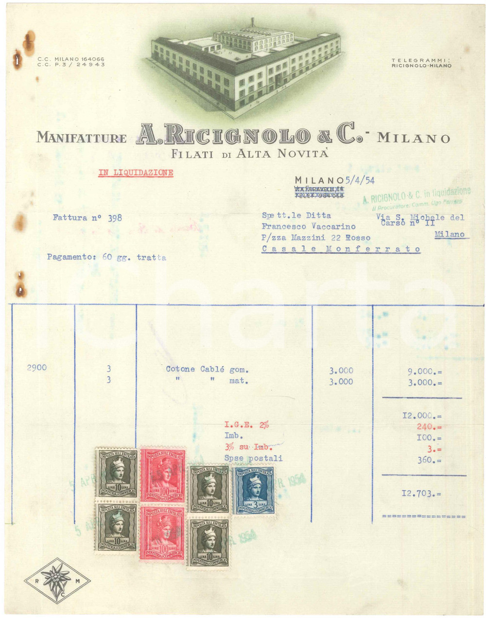 1954 MILANO - Manifatture A. RICIGNOLO & C. Filati di alta novità - Fattura