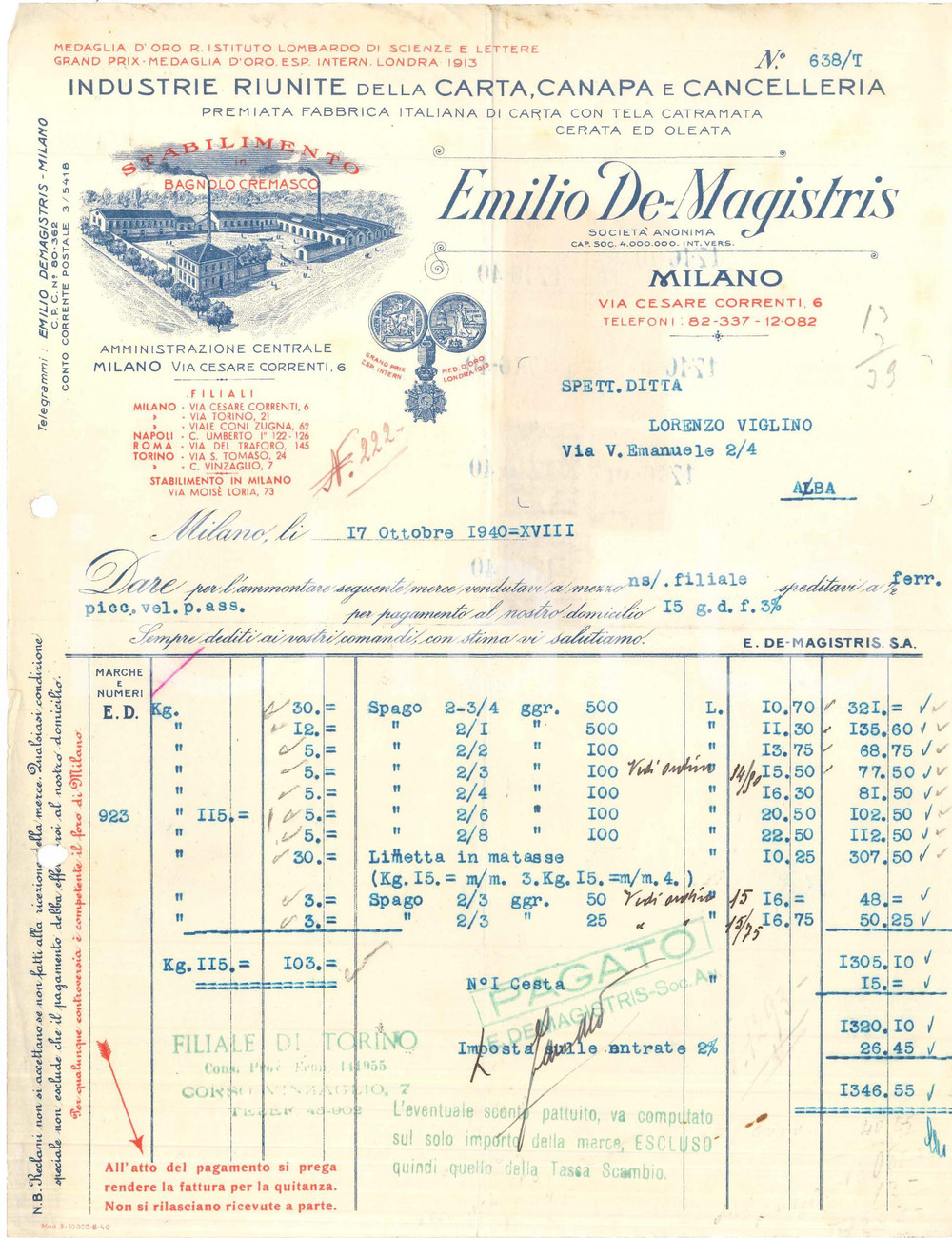 1940 MILANO Via Cesare Correnti - Emilio DE MAGISTRIS Industrie carta - Fattura