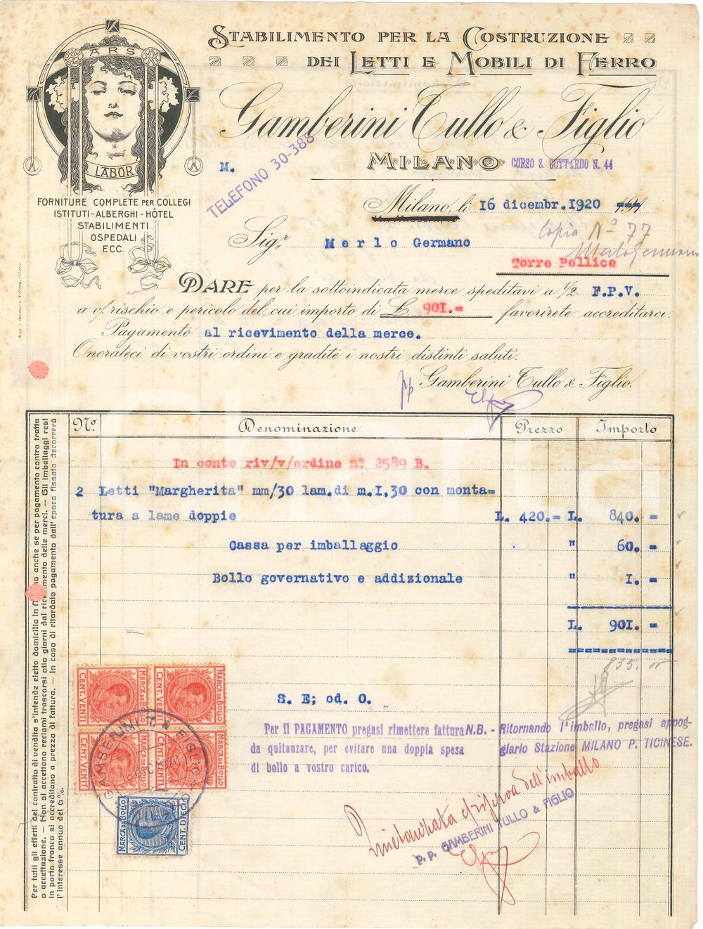 1920 MILANO Via Magolfa 13 - Tullo GAMBERINI & Figlio Mobili di ferro - Fattura