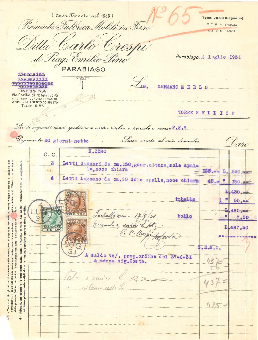 1931 PARABIAGO (MI) - Ditta Carlo CRESPI Fabbrica mobili in ferro - Fattura