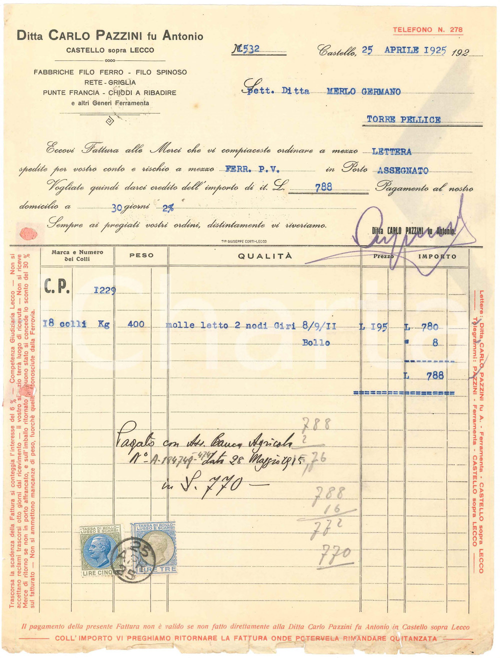 1925 LECCO/CASTELLO Ditta Carlo PAZZINI fu Antonio Fabbriche filo ferro *Fattura