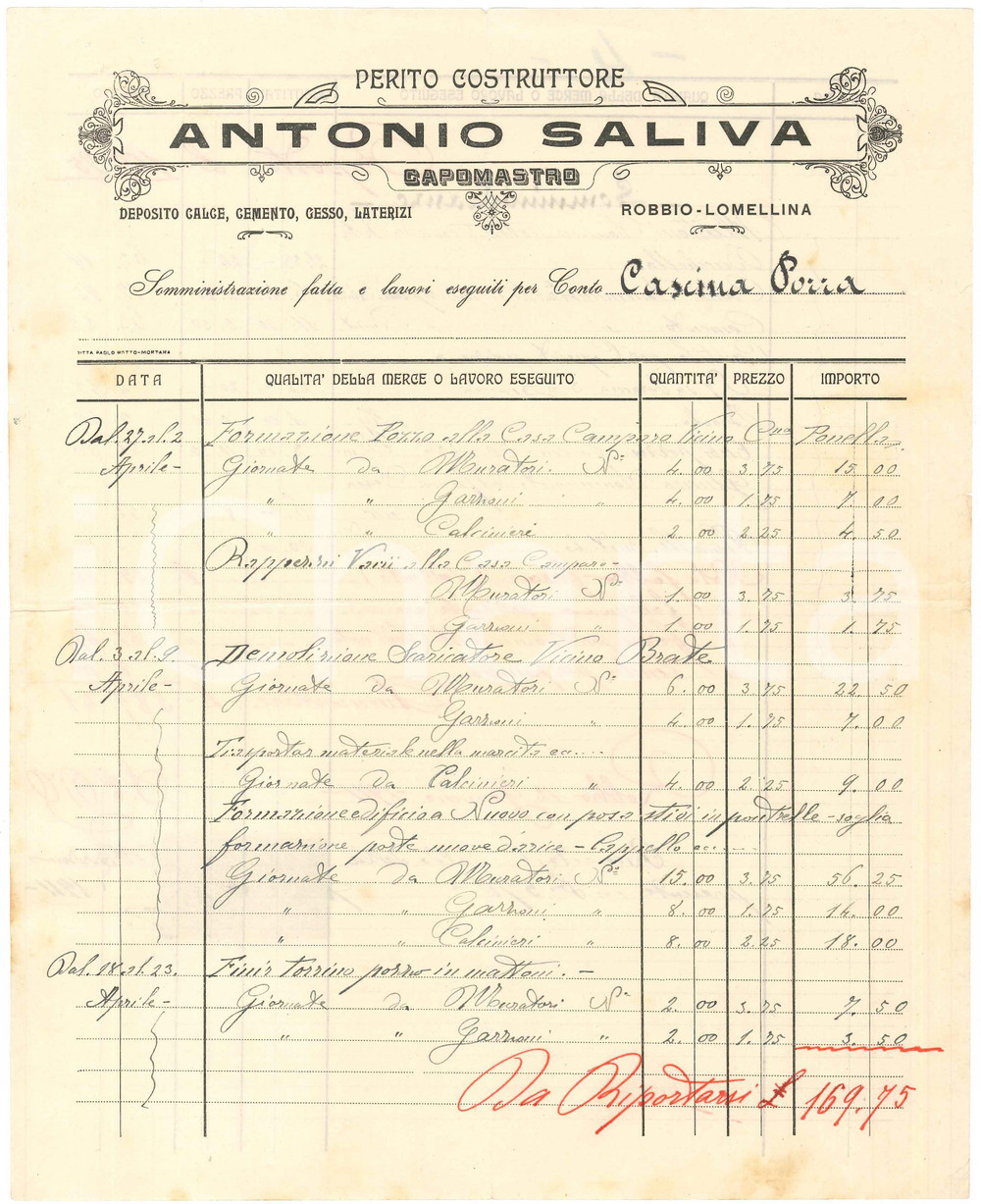 1911 ROBBIO (PV) - Perito costruttore Antonio SALIVA Capomastro - Fattura