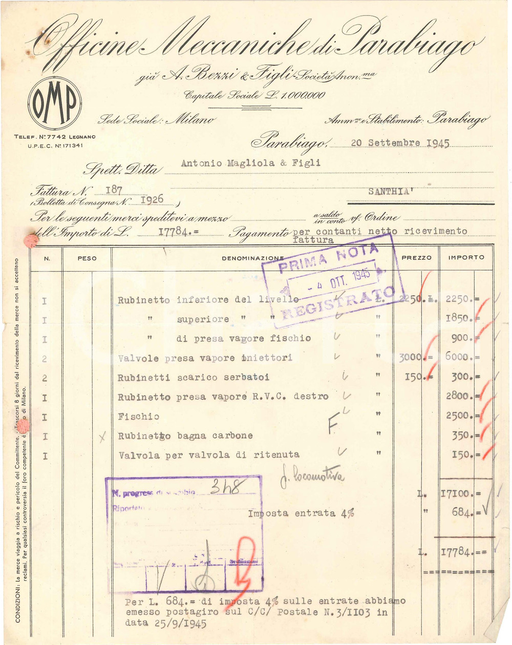 1945 PARABIAGO (MI) - Officine Meccaniche già A. BEZZI & Figli - Fattura (1)