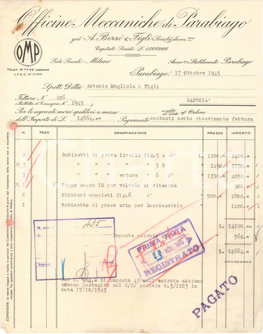 1945 PARABIAGO (MI) - Officine Meccaniche già A. BEZZI & Figli - Fattura (2)