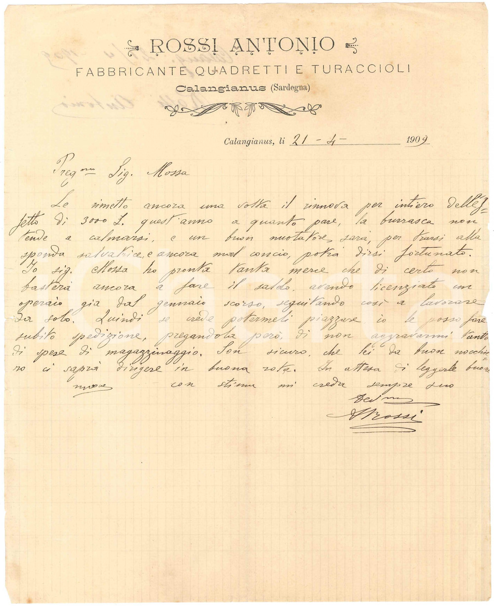 1909 SARDEGNA CALANGIANUS Antonio ROSSI fabbricante turaccioli - Lettera