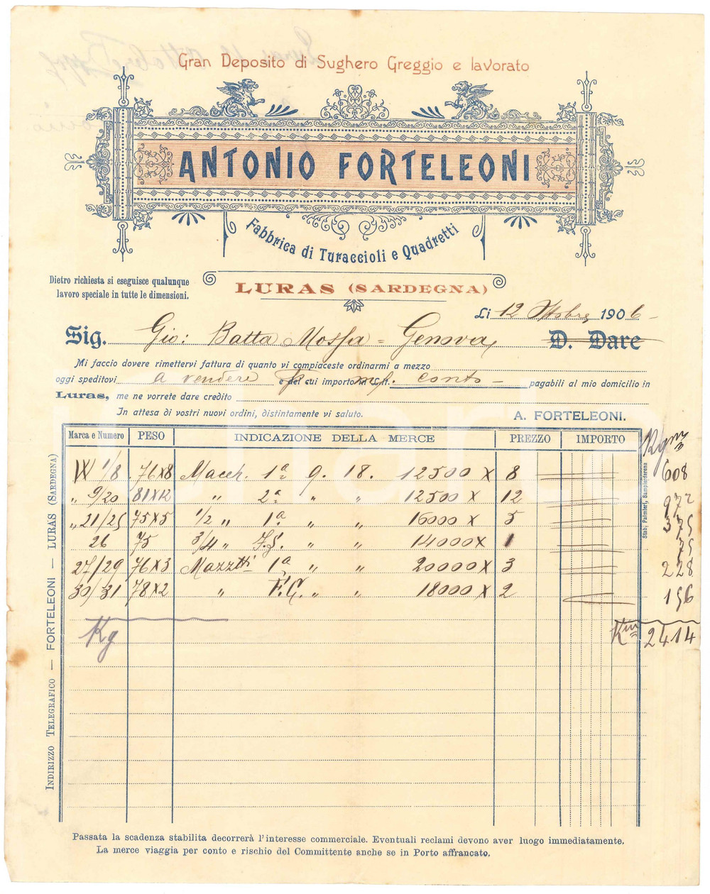 1906 LURAS (SS) Antonio FORTELEONI Fabbrica di turaccioli e quadretti - Fattura