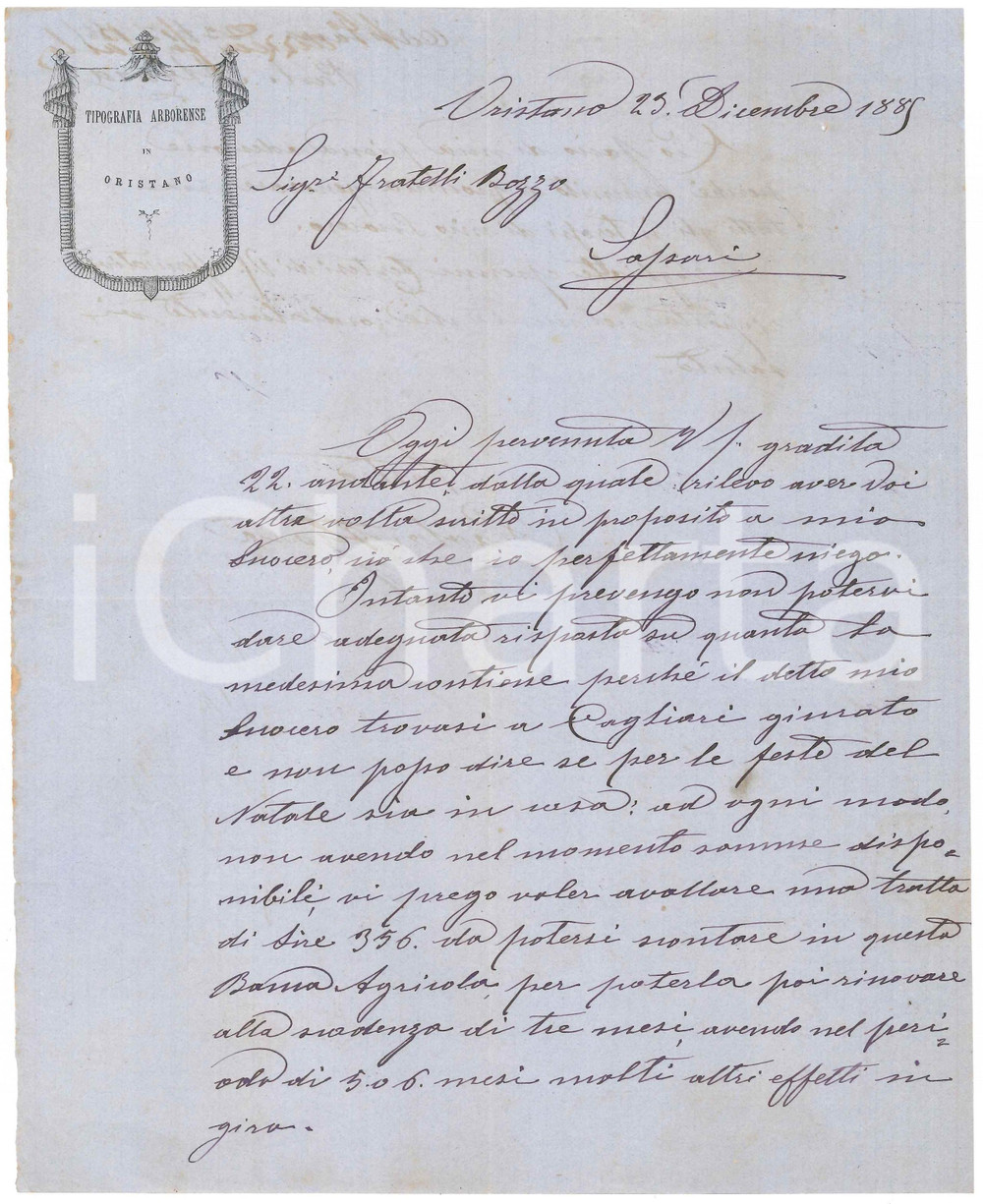 1885 SARDEGNA ORISTANO Tipografia ARBORENSE - Lettera Paolo ATZORO per tratta