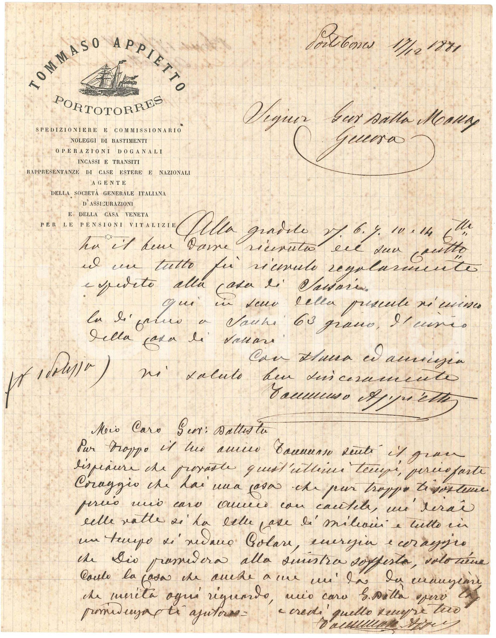 1881 SARDEGNA PORTO TORRES Lettera Tommaso APPIETTO spedizioniere