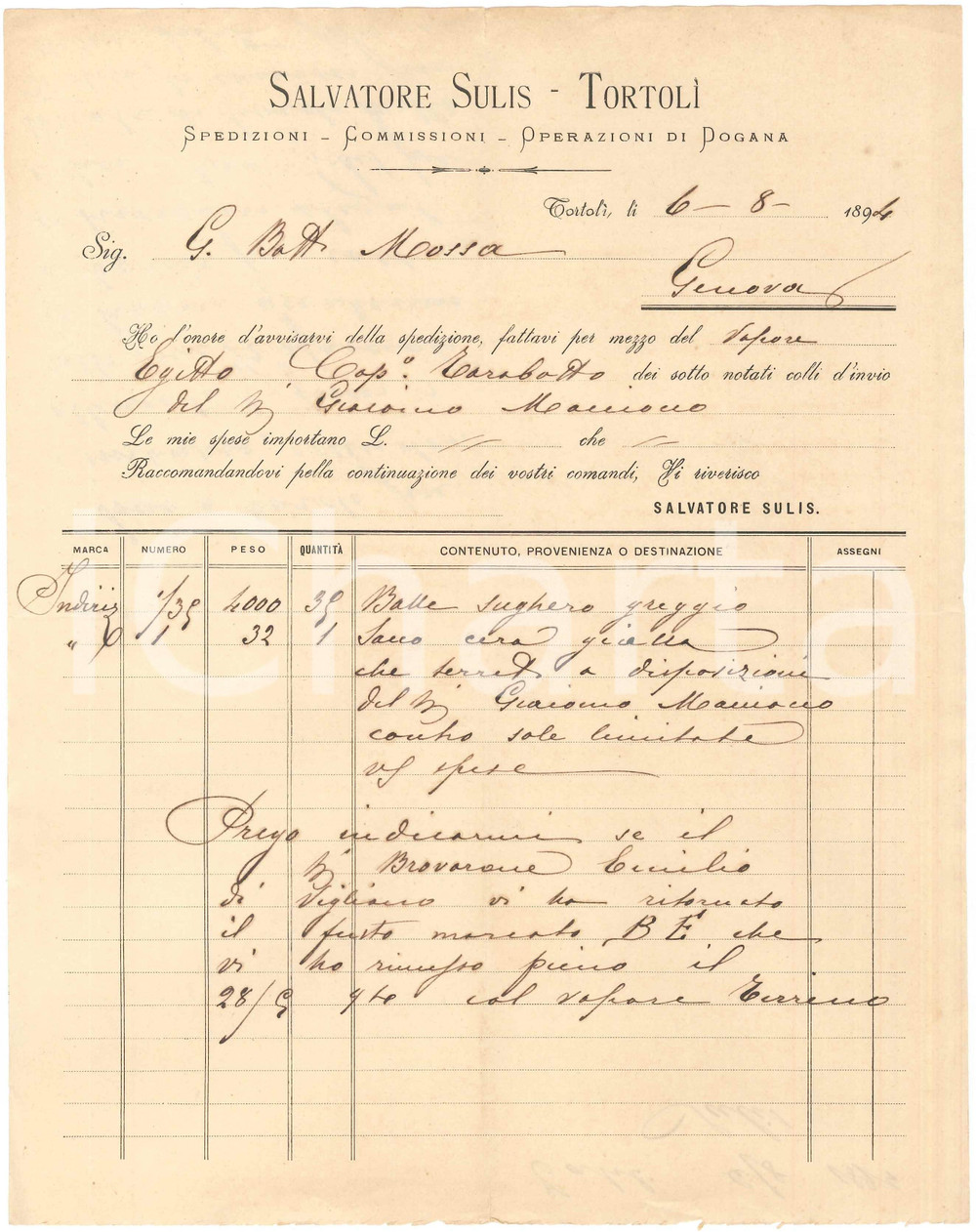 1894 TORTOLÌ (NU) Salvatore SULIS Spedizioni Operazioni di dogana - Fattura (1)