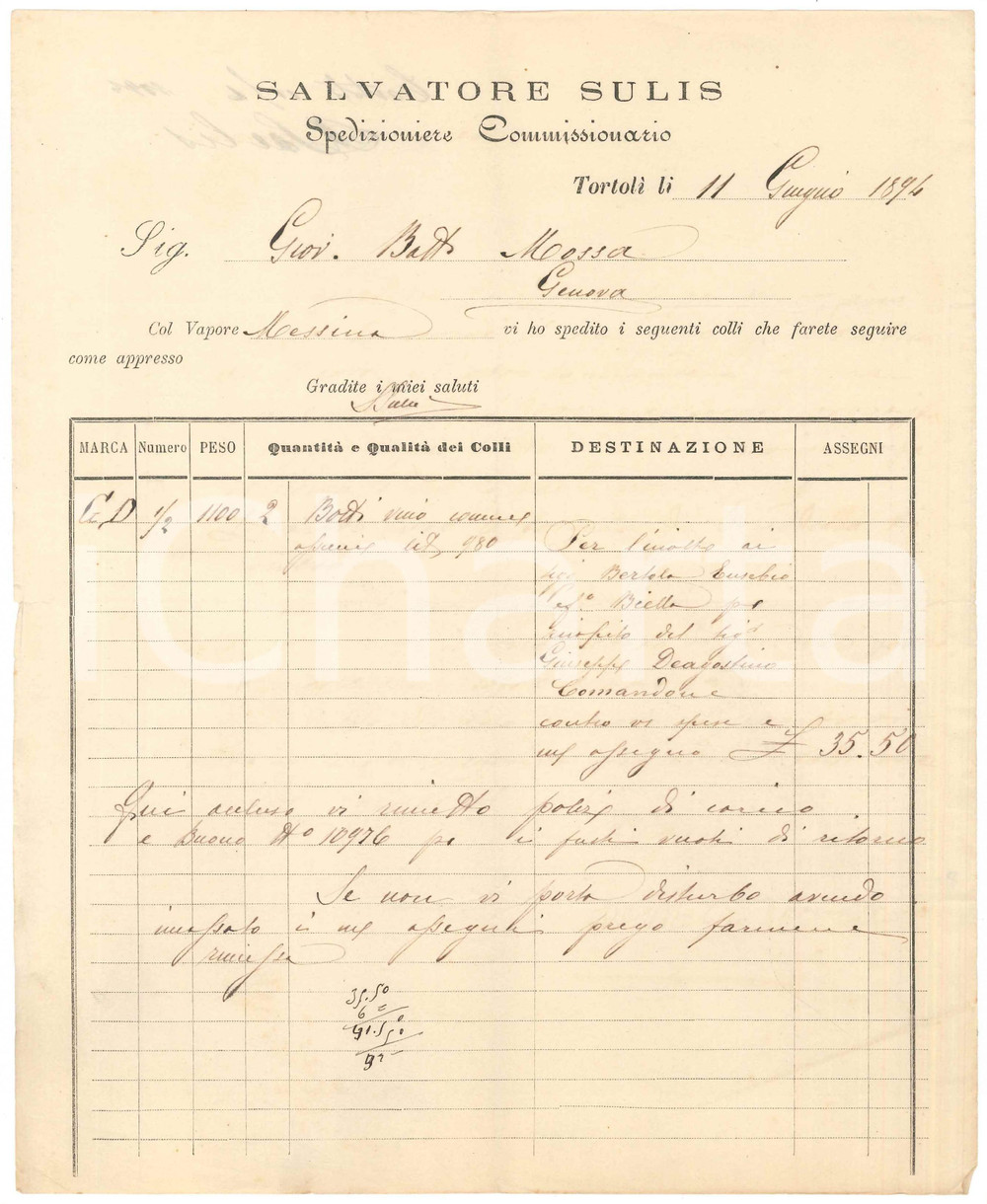 1894 TORTOLÌ (NU) - Salvatore SULIS Spedizioniere Commissionario - Fattura