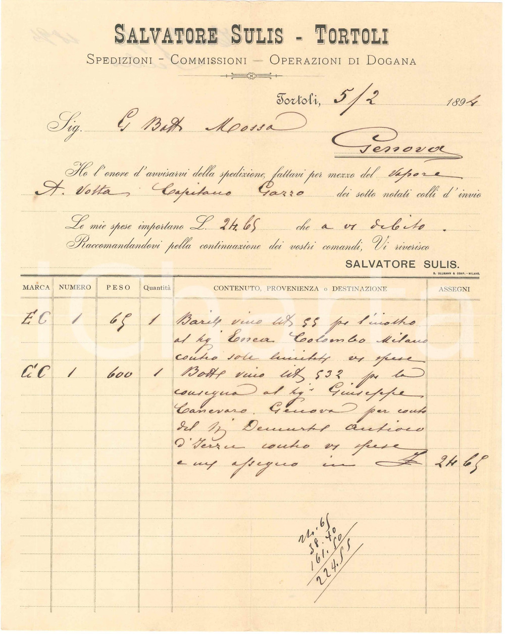 1894 TORTOLÌ (NU) Salvatore SULIS Spedizioni Operazioni di dogana - Fattura (2)