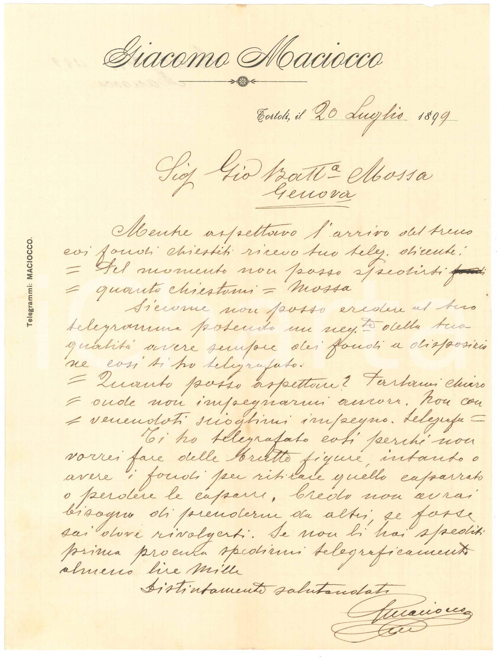 1899 SARDEGNA TORTOLI' (NU) Lettera Giacomo MACIOCCO per spedizione merci