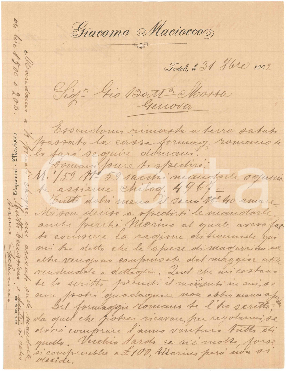 1902 SARDEGNA TORTOLI' (NU) Lettera Giacomo MACIOCCO per spedizione mandorle