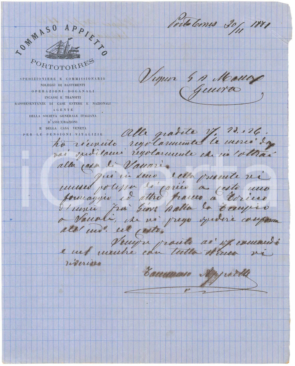 1881 SARDEGNA PORTO TORRES Lettera Tommaso APPIETTO per merci ricevute