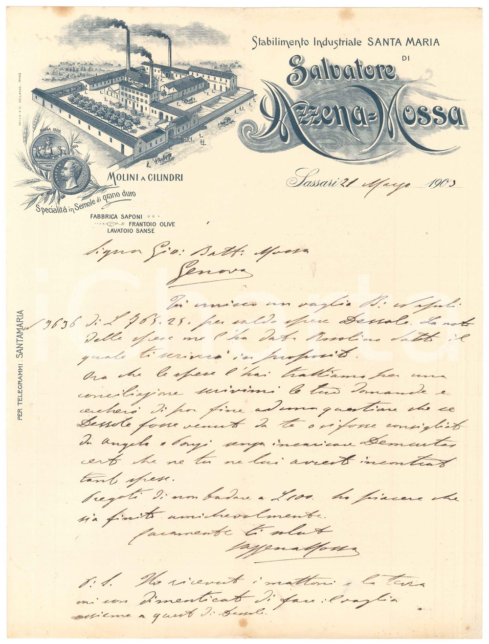 1903 SARDEGNA SASSARI - Salvatore AZZENA - MOSSA - Lettera commerciale