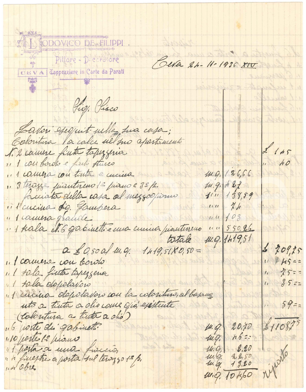 1936 CEVA (CN) - Lodovico DE FILIPPI Pittore Decoratore Tappezziere - Fattura