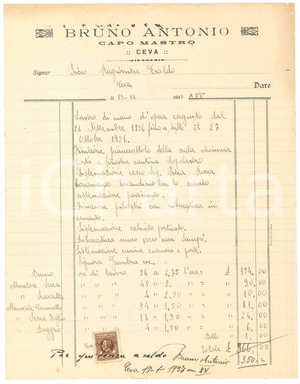 1936 CEVA (CN) - Antonio BRUNO Capo Mastro - Fattura per lavoro di mano d'opera